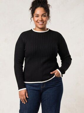 NWT | Black Ribbed Knit Mock Neck Long Sleeve Sweater Top White Trim | XLarge